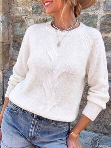 Plus Size Women's Cable Knit Hollow Textured Ribbed Cuff Raglan Long Sleeve Round Neck Short Loose Chunky Knit Pullover Sweater, Vintage Fall White - White - View 6