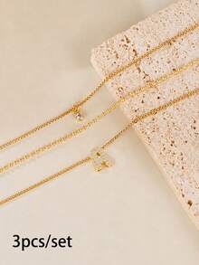 3pcs/Set Mini Vintage Cute 3D Bubble Cube Cubic Zirconia Gold Initial Pendant Necklace, Shiny A-Z Letter Chain, Personalized Y2K Women's Jewelry Gift - Yellow Gold - View 6