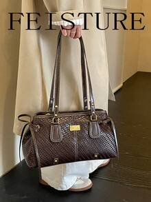 FEISTURE 1件復古編織圖案單肩腋下包，大容量女款通勤包，適合日常出遊、約會、通勤 - 咖啡 - 查看 7