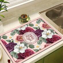 1pc Camellia Pattern Printed Diatomaceous Earth Kitchen Dish Drying Mat, Absorbent Dish Drying Pad, Coffee Machine Mat, Dishwashing Mat, Sink Mat, Kitchen Countertop Protector, Suitable For Cups, Plates, Tableware And Kitchen Decor - Multicolor - View 10
