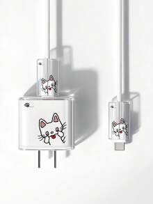 Cute White Cat Tongue Transparent Charger Protective Case Set, Compatible With Apple 20W Fast Charger Head And Data Cable, Anti-Drop Shell - Black - View 7