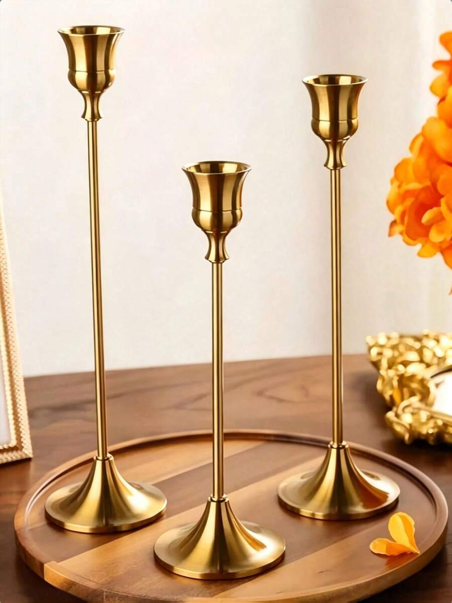 3Pcs Vintage Elegant Metal And Aluminum Desktop Candle Holders, Suitable For Wedding Anniversary, Home And Hotel Decoration, Seasonal And Holiday Tabletop Decor (Candles Not Included) - Copper Color - View 1