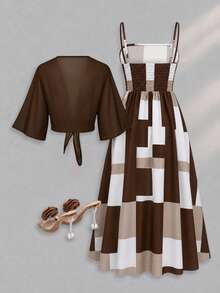 Set Gaun Elegan 2 Potong, Gaun Elegan Motif Kotak-kotak + Atasan Kardigan, Pakaian Sehari-hari Musim Panas - Coffee Brown - View 3