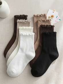 6 Pairs Kids Autumn/Winter Maillard Color High Elastic Cuff Ruffled Edge INS Style Solid Color Warm Casual Mid-Calf Socks - Beige - View 7