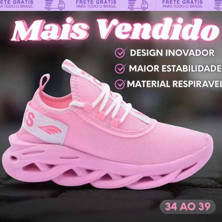 TÊNIS FEMININO CASUAL ACADEMIA MEIA ELÁSTICO TREINO CORRIDA MV - Rosa chiclete - Visão 1