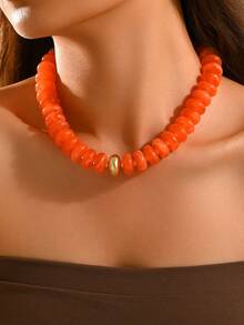 1pc Fashionable Exaggerated Orange Oval Acrylic Beaded Necklace, Chunky Minimalist Y2K Women's Neck Jewelry, Suitable For Daily Wear, Summer Beach Vacation, Date, Party, Music Festival, Random Pattern On Beads - Multicolor - View 1