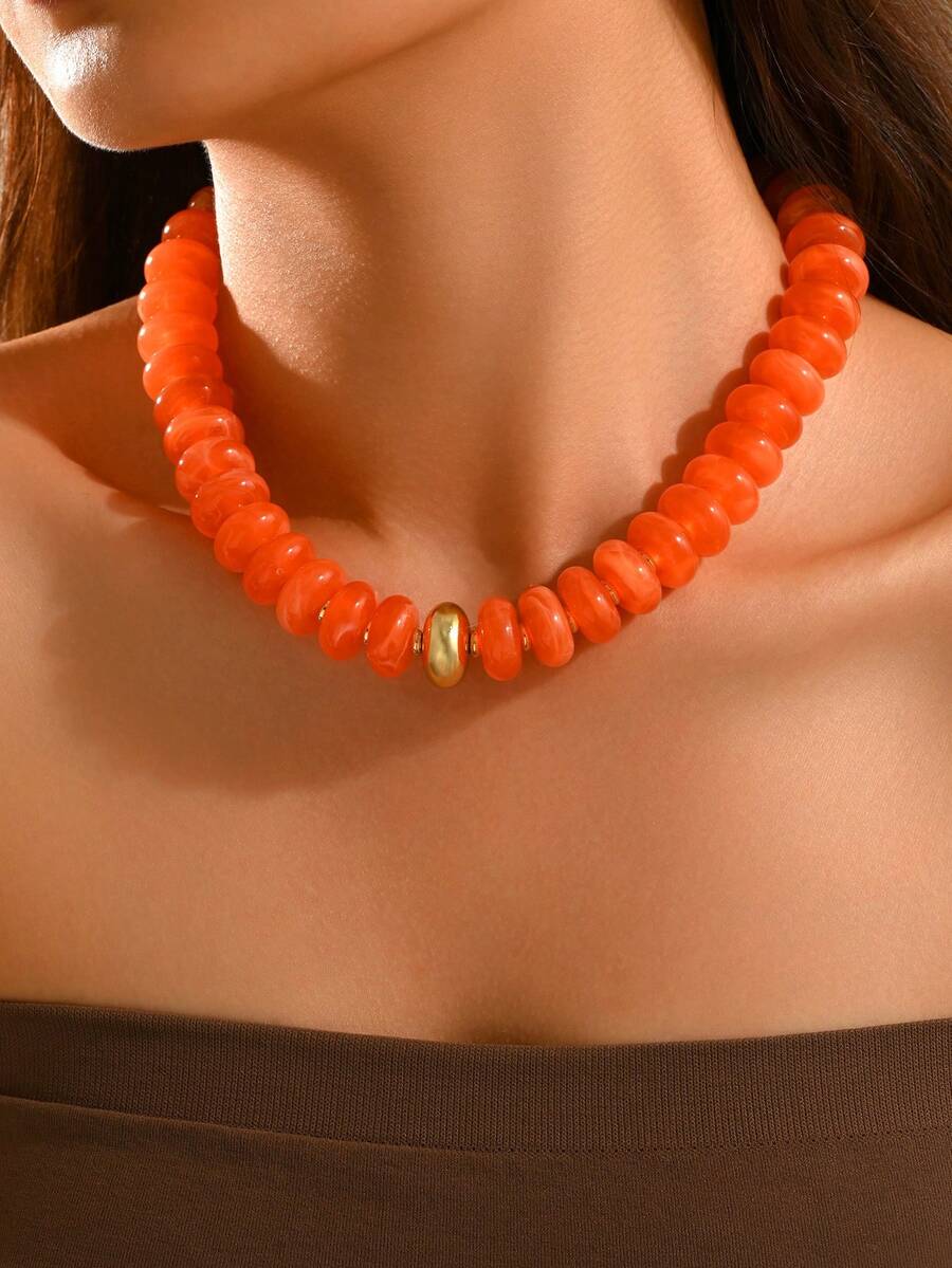 1pc Fashionable Exaggerated Orange Oval Acrylic Beaded Necklace, Chunky Minimalist Y2K Women's Neck Jewelry, Suitable For Daily Wear, Summer Beach Vacation, Date, Party, Music Festival, Random Pattern On Beads - Multicolor - View 1
