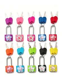 Metal Mini Padlock With Cute Translucent Flower Decoration, 2 Keys, Small Combination Lock, No Assembly Required, Small Luggage Padlock, Metal Key Padlock, Suitable For Luggage, Pencil Case, Backpack, Travel Accessories, School Locker, Sports Locker, Fence, Toolbox, Perfect For Graduation Season, Back To School Season, Teacher's Day Gift, Travel Accessory - Multicolor - View 2