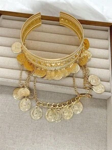 1pc Gold Metal Elegant Geometric Round Tassel Multi-Layer Arm Cuff, Women's Upper Arm Jewelry, Arm Band, Bohemian Style Fashion Accessory - Multicolor - View 4