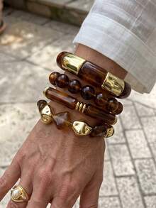 4pcs/1pc Vintage Elegant Bohemian Style Daily Geometric Asymmetrical Exaggerated Thick Elastic Beaded Bamboo Joint Marbled Brown Coffee Resin Bracelet Stackable Acrylic Splicing Bangle Set Multi-Piece Stacked Y2K Jewelry Accessories Suitable For Women Summer Beach Party Birthday Daily Wear - Brown - View 2