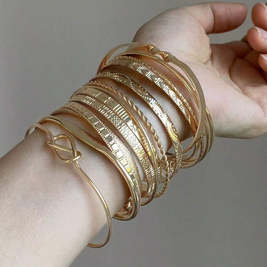 Set Gelang Lebar Vintage 12pcs/7pcs/5pcs, Gelang Bangle Terbuka Geometris Minimalis dalam Warna Emas & Perak - Emas - View 1