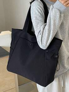 1pc Solid Color Nylon Large Capacity Women's Shoulder Tote Bag, Lightweight & Versatile Shopping Bag For Work, Commute, Shopping, Outdoor, School, Multi-Pocket Drawstring Cloth Bag, Fashionable & Versatile Big Cloth Bag, Easy To Pack For Travel, Simple Solid Color Tote Cloth Bag, Easily Matches Various Outfits - Black - View 4