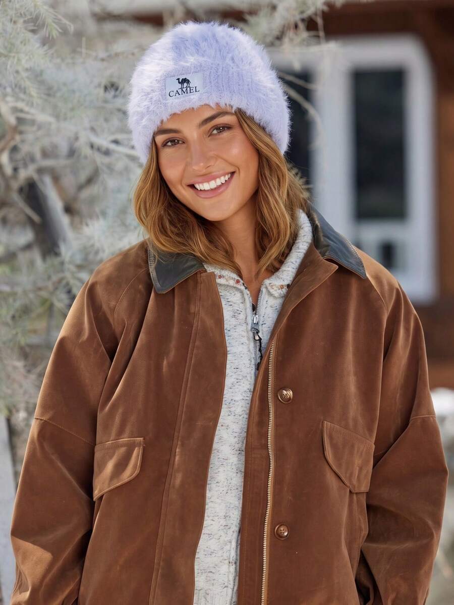 CAMEL CROWN Unisex Plush Knitted Beanie, Winter Faux Mink Fur Windproof Earflap Hat, Thickened Warm Face-Flattering Knit Cap - Snow Soft Purple - View 1