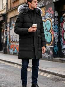 Men's Black Winter Casual Date Long Sleeve Pocket Design Hooded Parka With Fur Collar,Oversized Plus Size Warm Outerwear Jacket Coat Clothes - Black - View 2