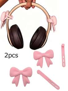 2pcs Pink Bowknot Decor Headphone Accessories Cute Printed Bowknot Fashionable Headphone Attachments Christmas Gamer Gift For Her Women Gamer Ribbon - View 3
