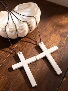 2pcs Vintage Gothic Style Christian White Wooden Cross Pendant Necklace, Women's Fashion Jewelry Accessory Suitable For Daily Wear, Party, Vacation, Wedding, Music Festival, Cosplay - White - View 3