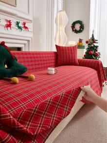 1pc American Vintage Red Dashed Plaid Multifunctional Full Cover Tassel Sofa Cover, Christmas Decoration Sofa Throw - Multicolor - View 6