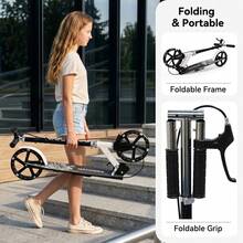 Foldable Kick Scooter With Light-Up Wheels, 4 Adjustable Heights, Dual Brakes & Wide Deck For Teens Adults, Portable Commuter Ride - Black and White - View 8