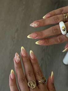 24pcs Long Almond Shape 3D Press-On Nails, Pearl Embellished Floral French Style Fake Nails, Includes 1pc Jelly Glue And 1pc Nail File, Floral Nail Art Makes Fingertips Shine, Suitable For Party, Ball And Daily Wear - Yellow - View 4