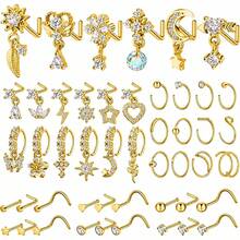 48pcs 20G L-Shaped Dangle Nose Rings Nose Studs Nose Jewelry Suitable For Women And Men (Gold) - Gold - View 7