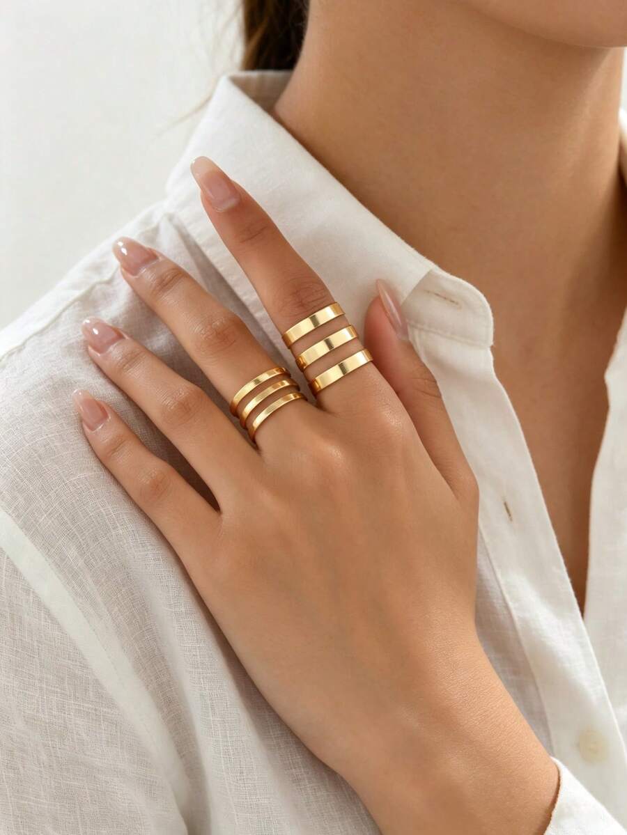 2件組歐美風誇張極簡三層鏤空寬口戒指套組,女款 - 金黃色 - 查看 1