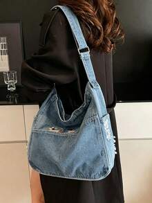 Dedoo 女款狗狗刺繡 Hobo 包，櫻桃吊飾可調節肩帶休閒斜背包，大容量校園後背包，適用大學校園使用 - 霧霾藍 - 查看 4