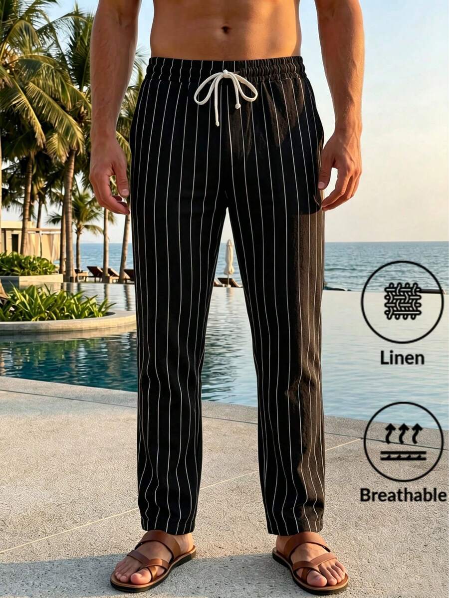 Linen Summer Beach Pants, Drawstring Vertical Striped Straight Leg Comfortable Breathable Casual Trousers For Men - Black - View 1