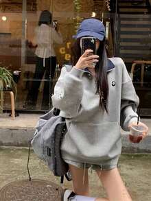 Women's Colorblock Half-Zip Long Sleeve Pocket Sweatshirt - Grey - View 1