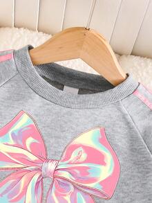 Tween Girl Bow Print Long Sleeve Crew Neck Sweatshirt And Pants Casual Set - Grey - View 3