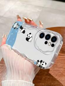 1pc Creamy Big Wave Ins Style Minimalist Cute Cartoon Panda Pattern Phone Case, Milky White Wave Texture Full Coverage Soft Shell Compatible With Samsung, Series Phones - Clear - View 4