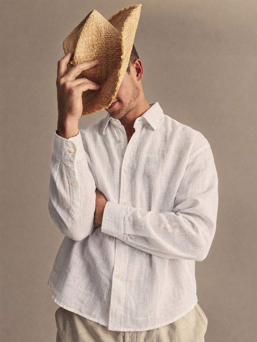 Men's Monarch Linen Shirt - Long Sleeve, Button-Down, Modern Relaxed Fit - 白色 - 查看 1