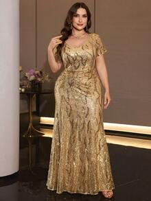 XUIBOL High-Quality Elastic Elegant Sequin Patchwork Super Slim Fit Plus Size V-Neck Evening Dress, Suitable For Date Night, Wedding Party, Cocktail Party - Champagne - View 5