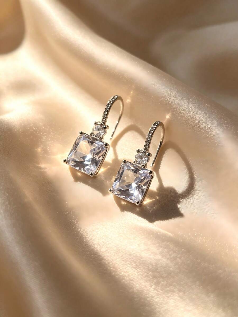 Diamond-Studded Square-Shaped Earrings With Hook Backs - Versatile And Stylish Earrings For Daily Commuting And Creating An Elegant Atmosphere - Silver - View 1