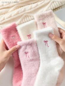 15/10/5/3/1 Pair Bow Pattern Plush Over-The-Knee Socks For Women, Warm And Soft, Suitable For Autumn/Winter, Also An Ideal Gift. Women's Autumn Socks - Multicolor - View 1