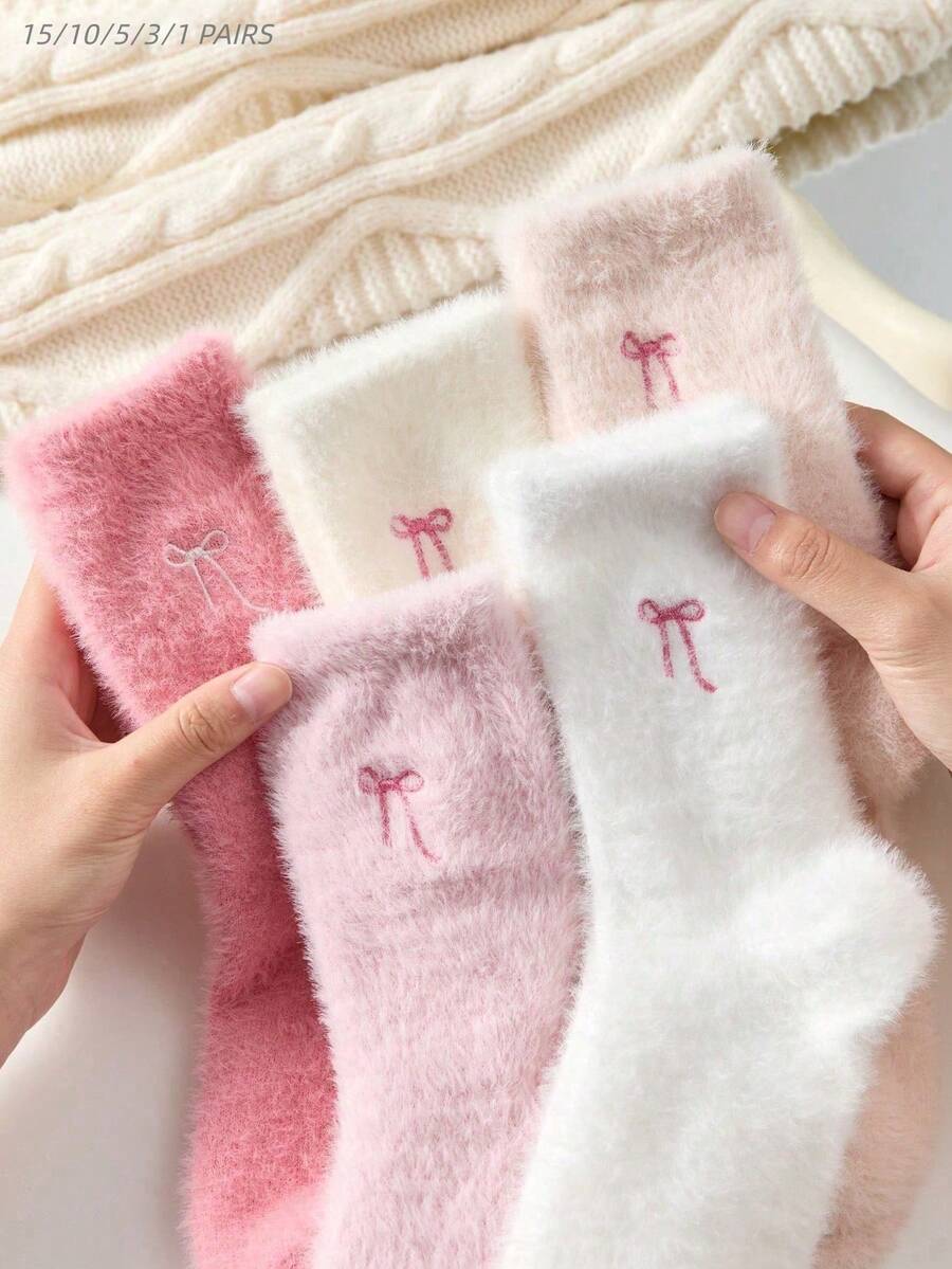 15/10/5/3/1 Pair Bow Pattern Plush Over-The-Knee Socks For Women, Warm And Soft, Suitable For Autumn/Winter, Also An Ideal Gift. Women's Autumn Socks - Multicolor - View 1