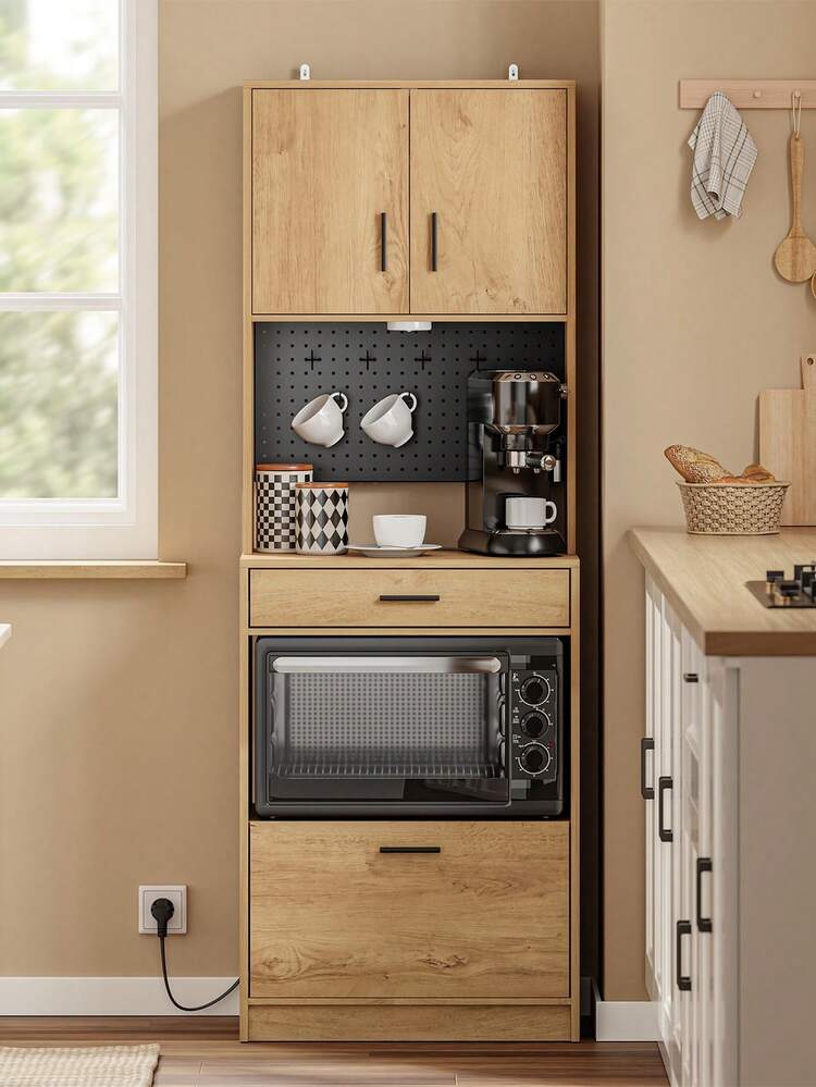 SoBuy | Tall Cabinet With 2 Drawers | Kitchen Pantry With Pegboard And Power Outlet | Storage Credenza Particleboard For Dining Room | 60*40*170 Cm | Load Capacity 75 Kg - Natural Oak - View 9