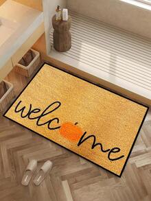 1pc, Autumn Harvest Festival Minimalist Orange Pumpkin Welcome Pattern Printed Indoor Doormat, Seasonal Style Machine Washable Polyester Fiber Doormat, Suitable For Living Room, Bedroom, Daily Decoration, All Seasons - Yellow - View 12
