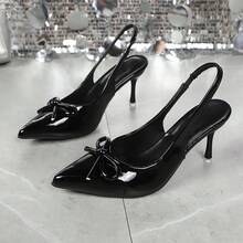 Glossy Patent Leather New Pointed Toe Bow Back Strap Stiletto High Heels Women French Style Gentle Backless Sexy Commute Elegant Pumps - Black - View 7