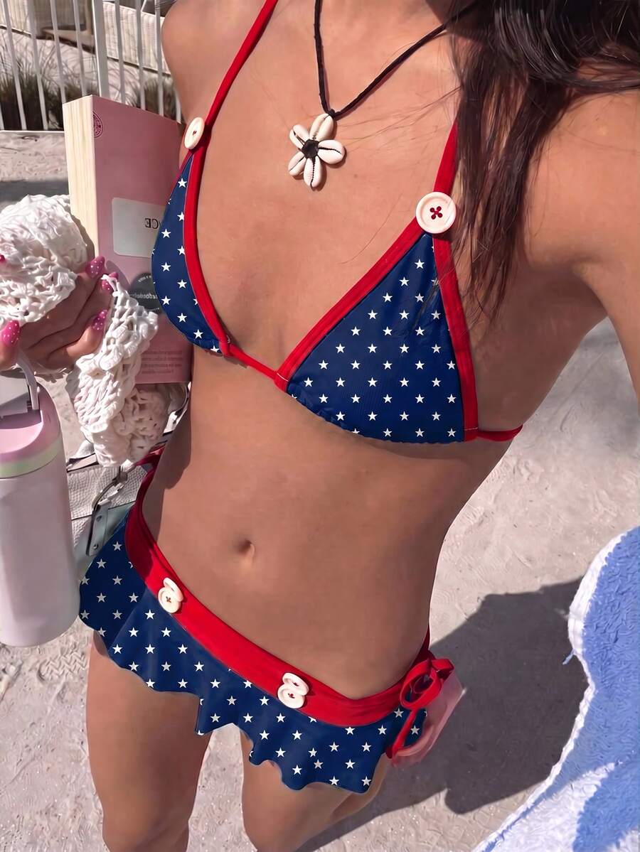 女款露背波點比基尼 2026 春夏,高彈性休閒性感 3 件式泳衣,適合海灘度假穿搭 - 彩色 - 查看 1