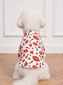 LUCKIE LABO 1pc Cute Lip Print Casual Fashion Dog Shirt With Buttons, Pet Clothes Suitable For Cats And Dogs Indoor And Outdoor - Red and White - View 2