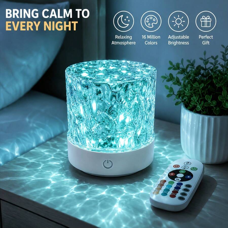 Crystal Ocean Wave Projection Lamp USB Powered Touch Control 16 Color Rotating Water Ripple LED Atmosphere Light Battery-Free Mini Night Light Dorm Bedroom Desk Decor Romantic Lighting Ornament Christmas Birthday Couple Gift