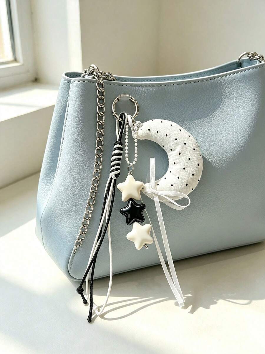 Cute Star & Moon Bag Charm, Aesthetic Y2K Fabric Tassel Keychain, Maximalist Woven Key Ring Pendant, Preppy Backpack & Handbag Decorative Accessory