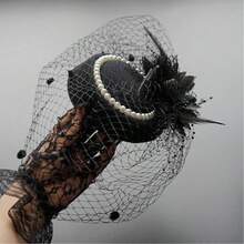 1 Set Exquisite Hat And Lace Gloves, 1920s-1950s Style, Small Round Hat, Cocktail/Afternoon Tea Party Headpiece, With Veil, Suitable For Girls And Women - Black - View 2
