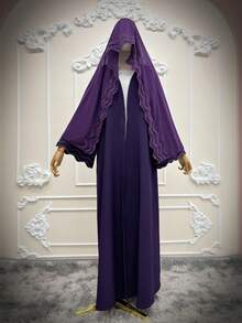 女款阿拉伯式 Abaya 條紋刺繡開襟外套夾克，附頭巾，春秋款 - 深紫色 - 查看 7