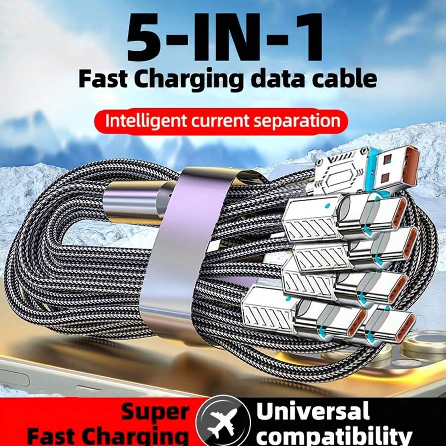 Kabel Pengisian Daya Ultra Cepat 5-in-1 120W (Tersedia dalam Dua Gaya: USB ke Type-C X5 ATAU USB ke Type-C X3 + Android X1 + Lightning X1) - Kompatibel dengan iPhone 15–17/Pro Max, Kompatibel dengan , dan Galaxy S24/S23; Kabel Pengisian Cepat Jalinan Nilon. - MultiWarna - View 1