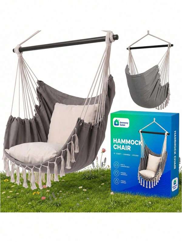 Hanging Hammock Chair 100 * 130 Cm With Cushions, Brazilian Hanging Swing Chair In Dark Gray Cotton And Polyester For Garden Balcony Patio Bedroom And Indoor Relaxation, Comfortable Hanging Seat With 150 Kg Capacity And 100 Cm Wooden Spreader Bar