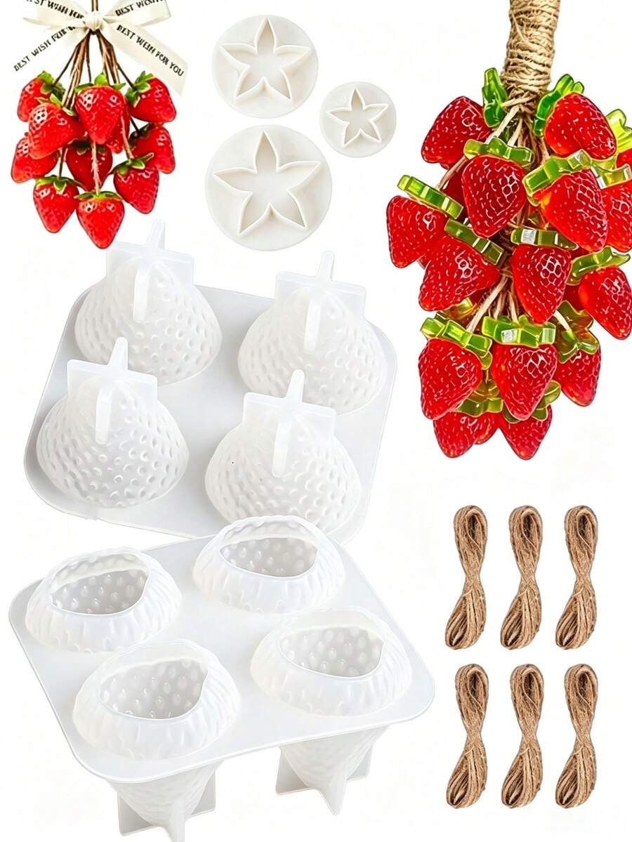 11件組 3D草莓模具套組,含麻繩與花朵造型配件,適合DIY手工皂、蠟燭,適合初學者與送禮,居家裝飾 - 彩色 - 查看 1