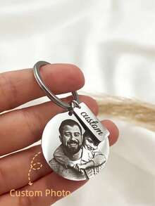1pc Personalized Stainless Steel Round Keychain - With Custom Photo And Engraved Text - Unique Gift For Loved Ones - Custom Valentine's Day Gift, Mother's Day Gift, Father's Day Gift, DIY Decorative Ring, Suitable For Family Members And Couples Commemoration - Silver - View 2