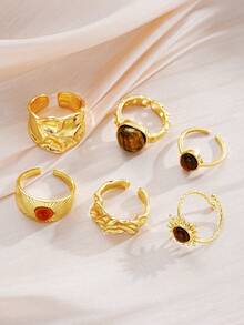 6pcs Fashion Elegant Sophisticated Casual Vintage Old Money Style Sun Cat Eye Stone Geometric Pattern Ring Set For Men, Suitable For Vacation, Party, Date, Travel And Daily Wear - Yellow Gold - View 4