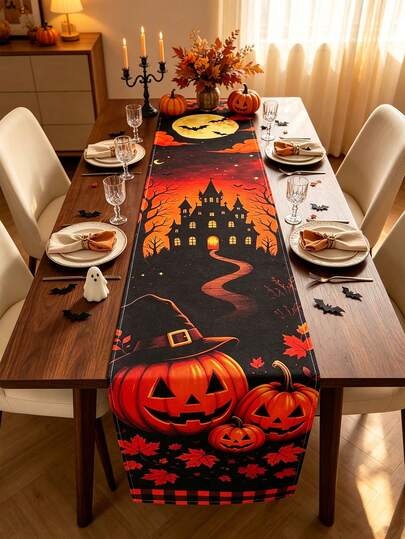 Halloween Spooky Style Table Runner, Haunted Castle Full Moon Pumpkin Lantern Witch Hat Maple Leaf Linen Tablecloth, Halloween Table Centerpiece Decor, Suitable For Trick Or Treat Party, Indoor/Outdoor Seasonal Party, Fireplace Mantel And Dining Table Decoration